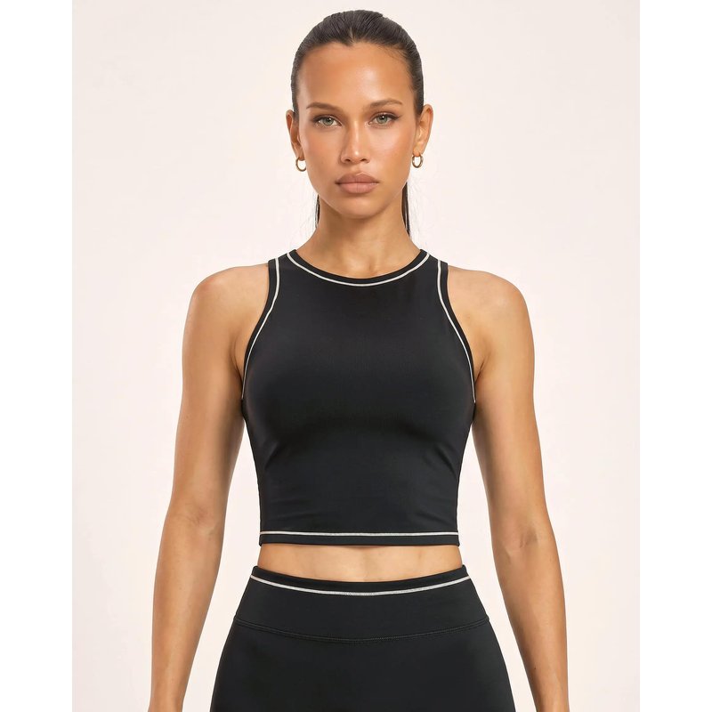 Damen Fitness Sport-BH hoher Ausschnitt Crop Top Paspel Varsity - Schwarz