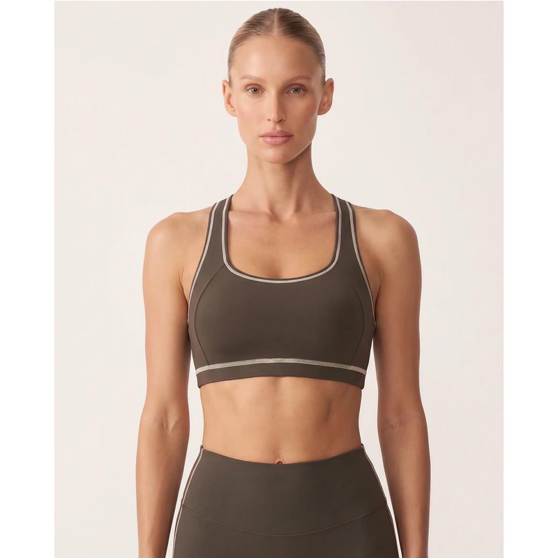 Damen Fitness Sport-BH Ringerrücken Kontrastpaspel Track - Braun