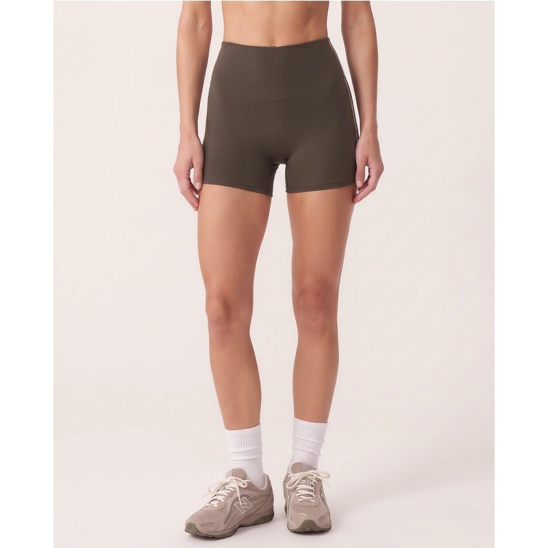 Damen Fitness Shorts hoher Bund mittellang Kontrastpaspel Track - Braun