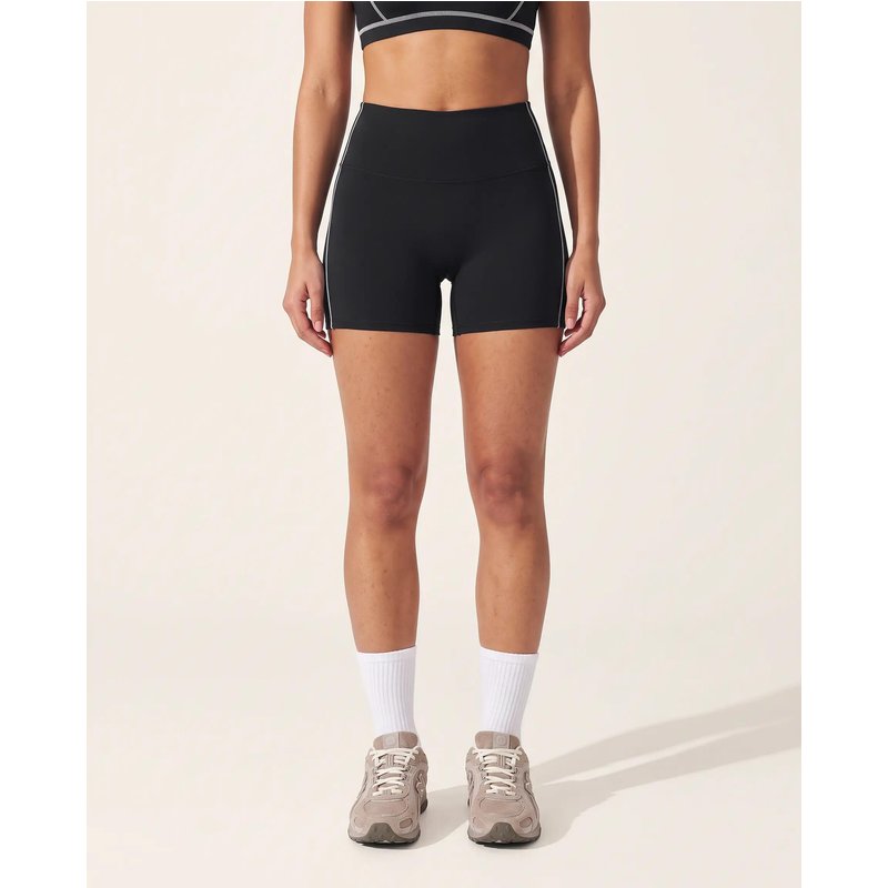 Damen Fitness Shorts hoher Bund mittellang Kontrastpaspel Track - Schwarz