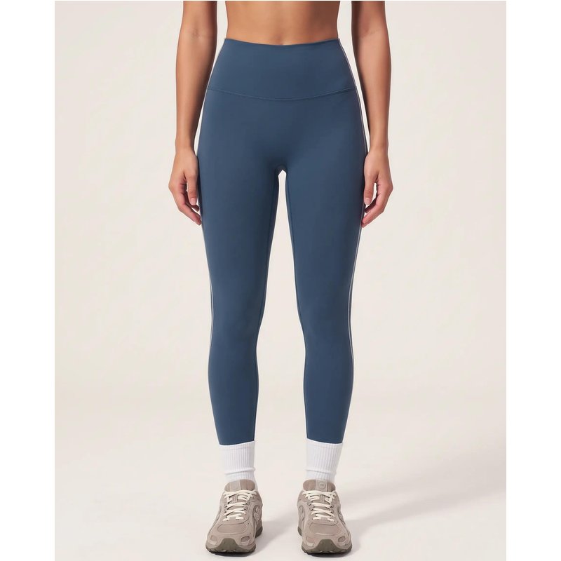 Damen Fitness Leggings hoher Bund Seitenstreifen Track - Schieferblau