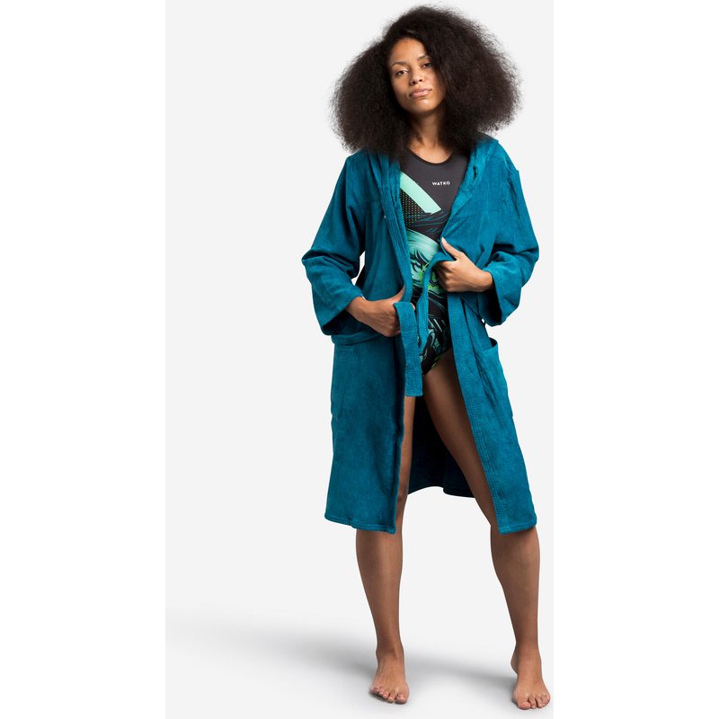 Bademantel Baumwolle Damen Kapuze dick - pfauenblau