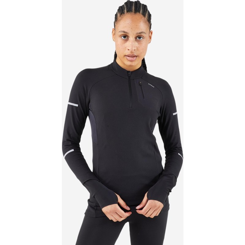 Laufshirt langarm Damen warm mit 1/2 Reissverschluss - Run 500 schwarz
