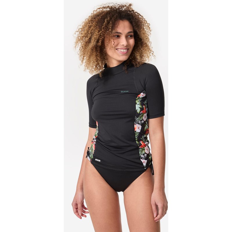 UV-Shirt Surfen Damen kurzarm Top 500 Parrot schwarz/floral