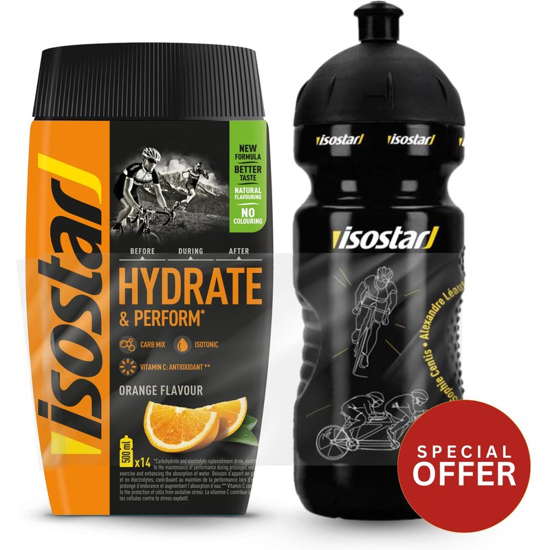 Trinkflasche Isostar Hydrate & Perform Getränkepulver Sonderangebot Orange 560 g + 0,65 l