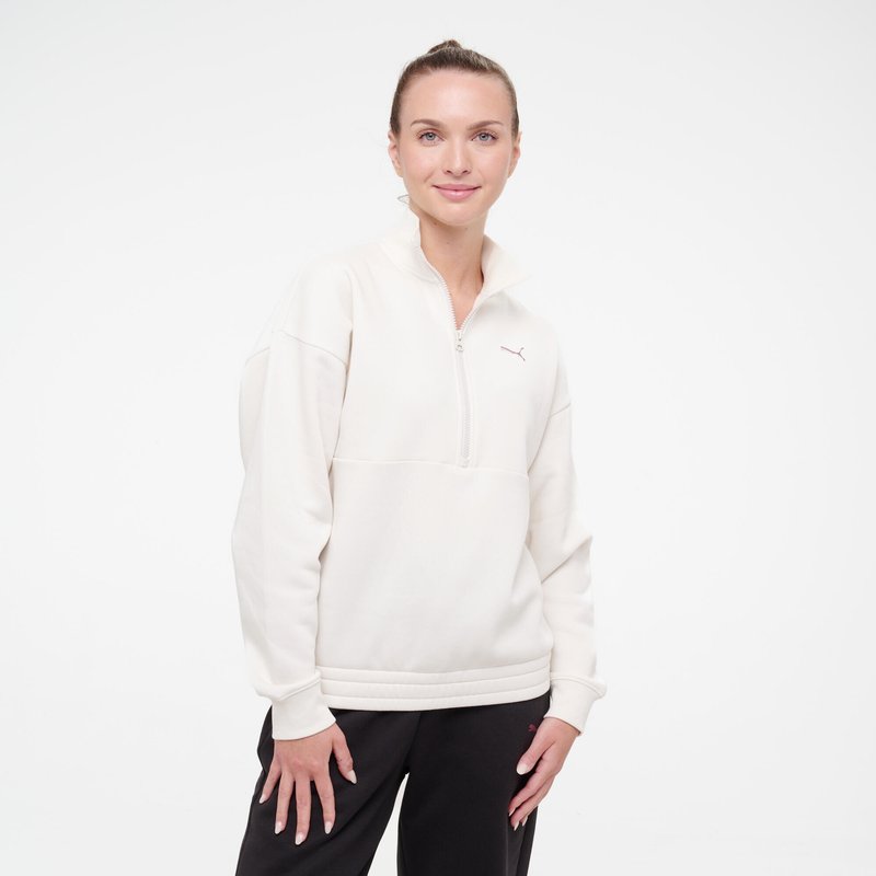 Sweatshirt Damen Kragen mit Zipp Baumwolle - weiß