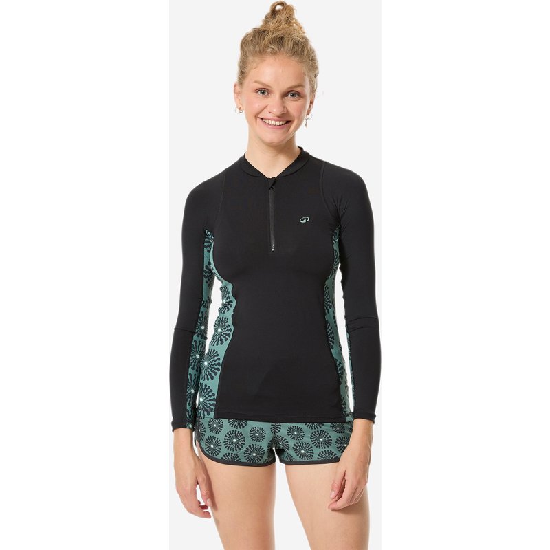 UV-Shirt Damen langarm Reißverschluss 500 Sunny schwarz/khaki
