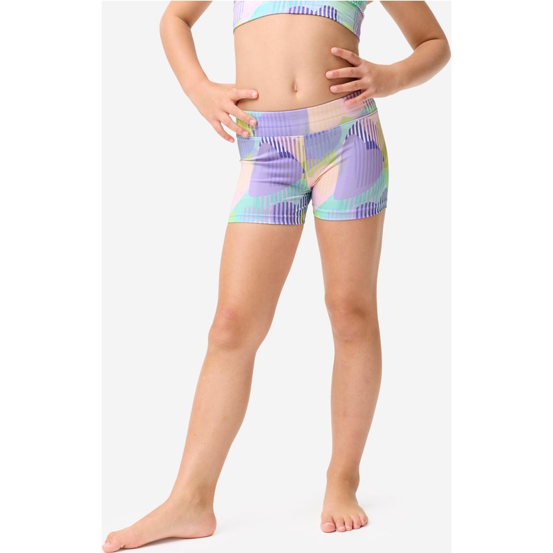 Kurze Gymnastikhose Mädchen glänzend - lila mit Herz-Print