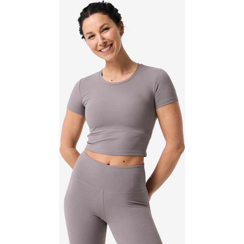 T-Shirt Yoga Pilates Damen dehnbar weich - aschgrau
