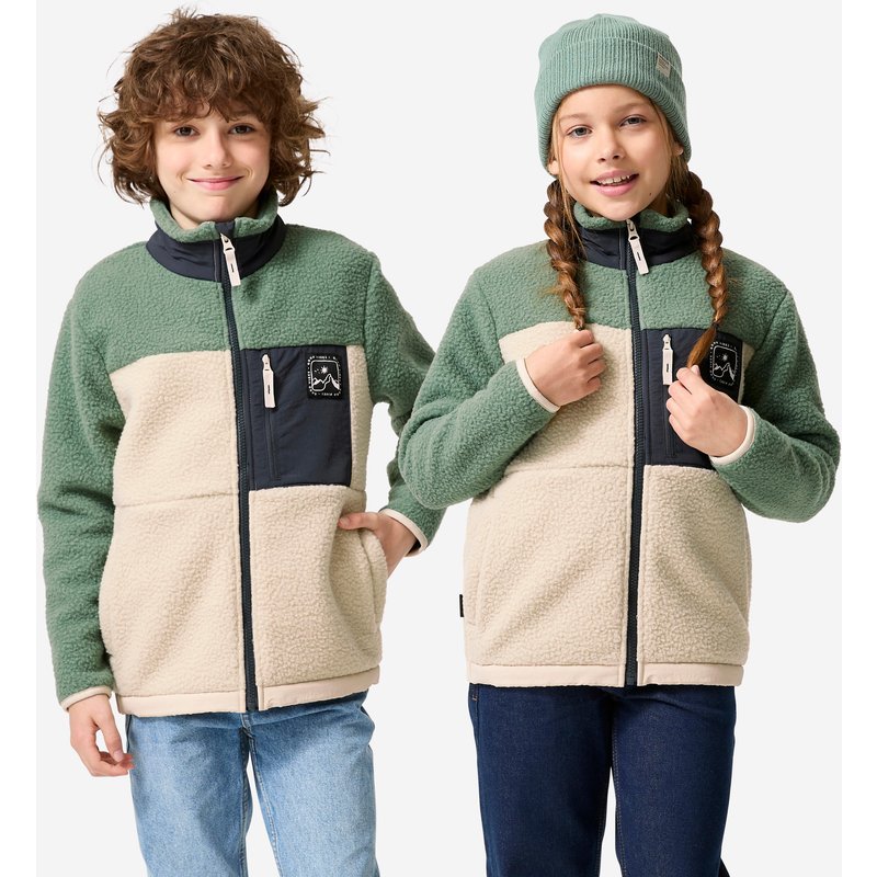 Fleecejacke Kinder Gr. 123–172 Sherpa warm Wandern - NH900 grün/beige