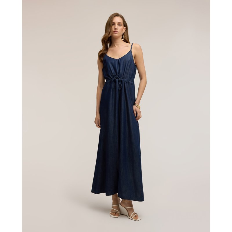 Motivi - Vestido largo en denim lyocell tirantes finos ajustables cintura definida con cordón.