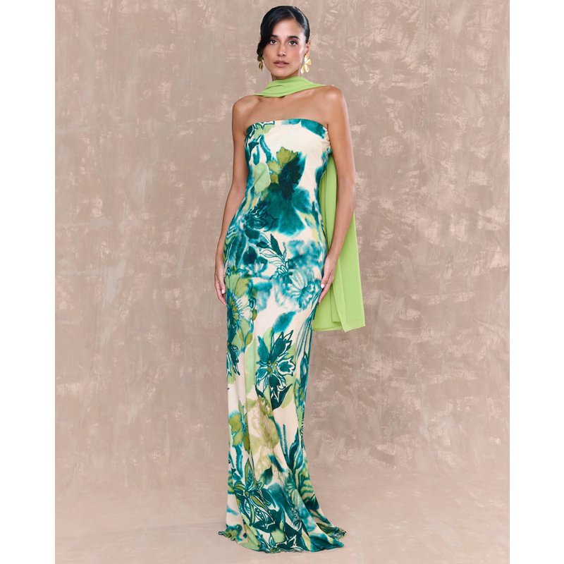 MIPHAI - Vestido largo estampado con escote palabra de honor.