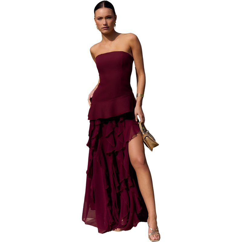 MIPHAI - Vestido largo palabra de honor con volantes en la falda.