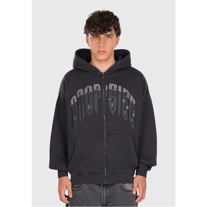 Dropsize LAYERED RHINESTONE PRINT ZIP HOODIE