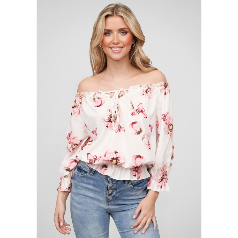 Cloud5ive Damen Off-Shoulder Bluse Top mit Bindedetail und All Over Blumen Print