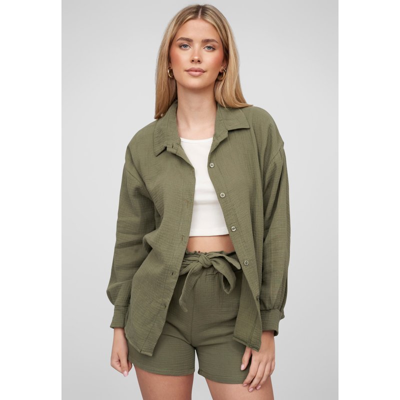 Cloud5ive Damen Oversize Musselin Bluse mit Knopfleiste