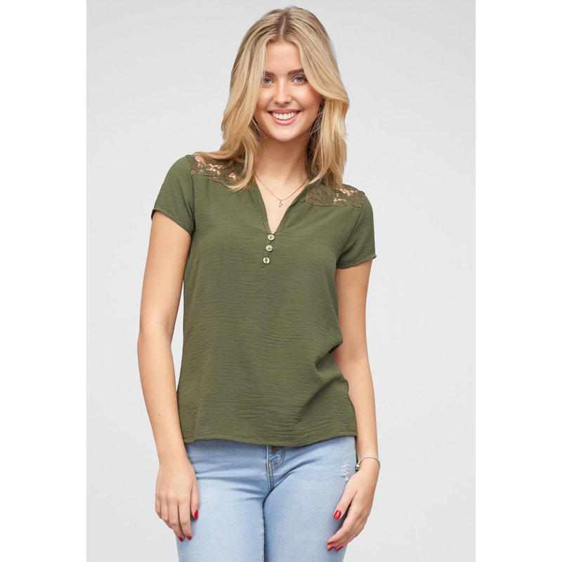 Cloud5ive Musselin Shirt V-Neck mit Deko Knopfleiste und Spitze