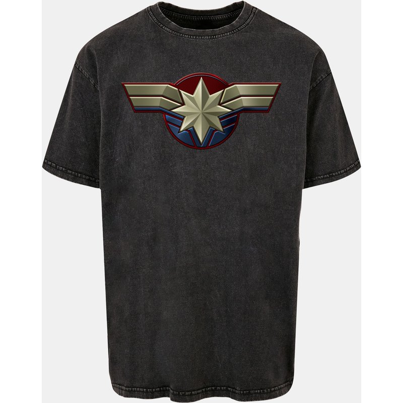 Absolute Cult Captain Marvel - Chest Emblem Acid Washed Oversize Tee