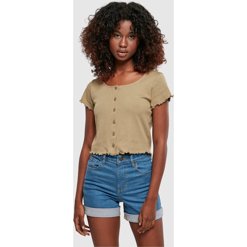 Urban Classics Ladies Cropped Button Up Rib Tee
