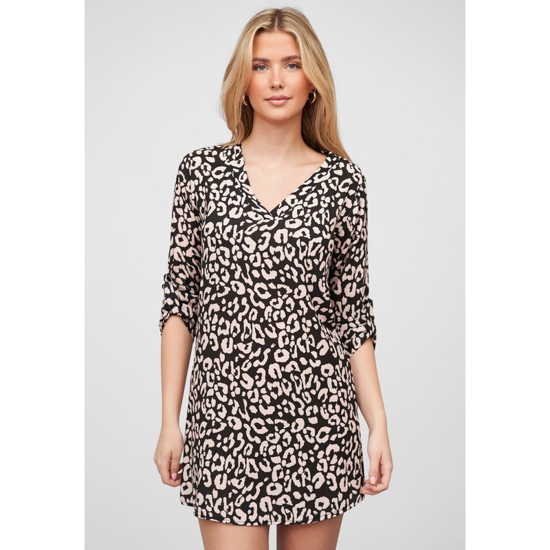 Cloud5ive Damen Turn-Up Crepe Kleid mit Animal Print