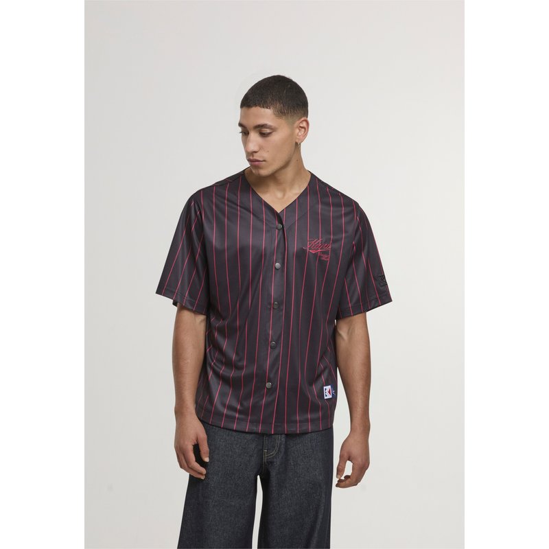 Karl Kani Cursive Varsity Pinstripe Cropped Baseball Jersey