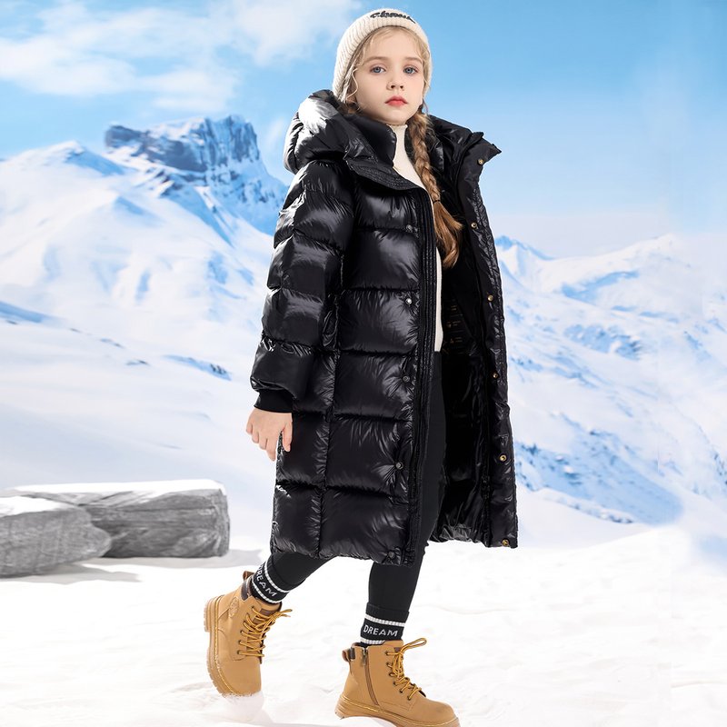 Kid's Clothing Long Black Gold Thickened Down Jacket Winter Over The Knee For Men And Women