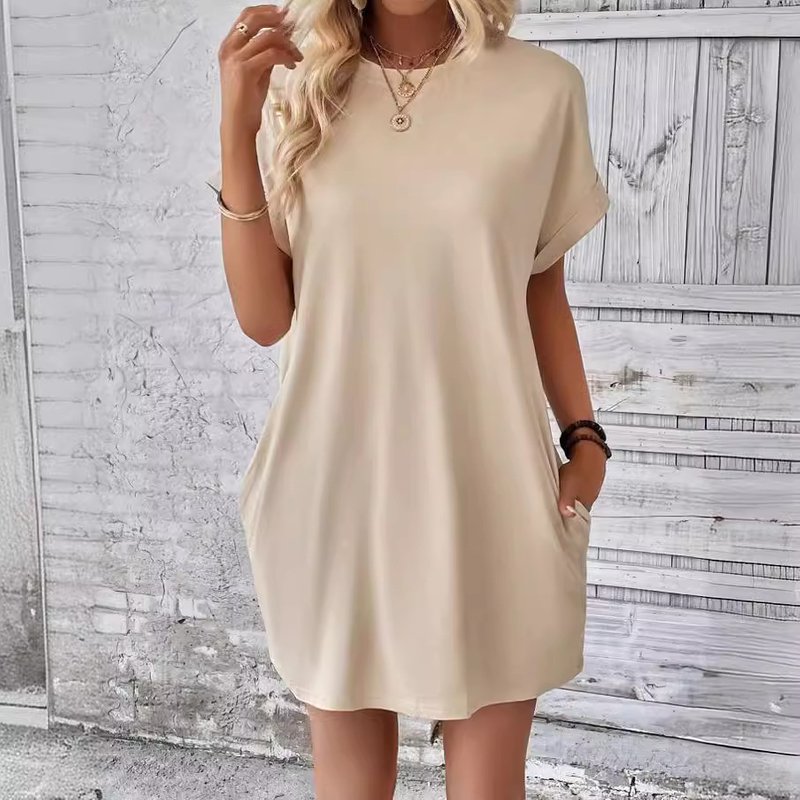 Women's clothing new color round neck loose short sleeve pocket dress