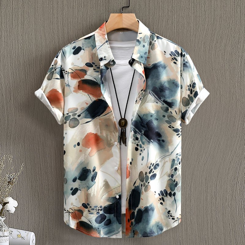 Men's Clothing Casual Shirts Chinese Style Ink Painting Digital Printing Men's Short-sleeved Shirts Four-sided Stretch Men's Clothing 2024