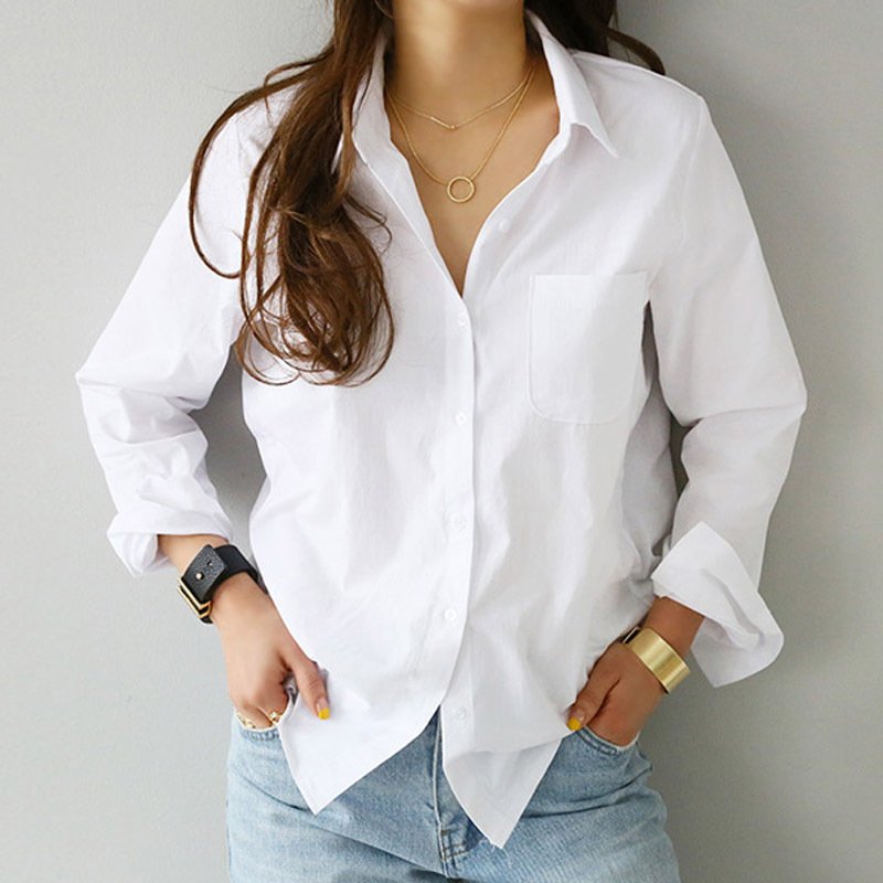 Women's Solid Color Bottoming Long-sleeved Shirt Top Loose Lapel Shirt Women's Shirt
