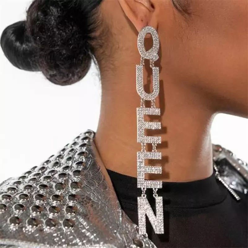 Women's letter QUEEN earrings Fashionable exaggerated long diamond earrings
