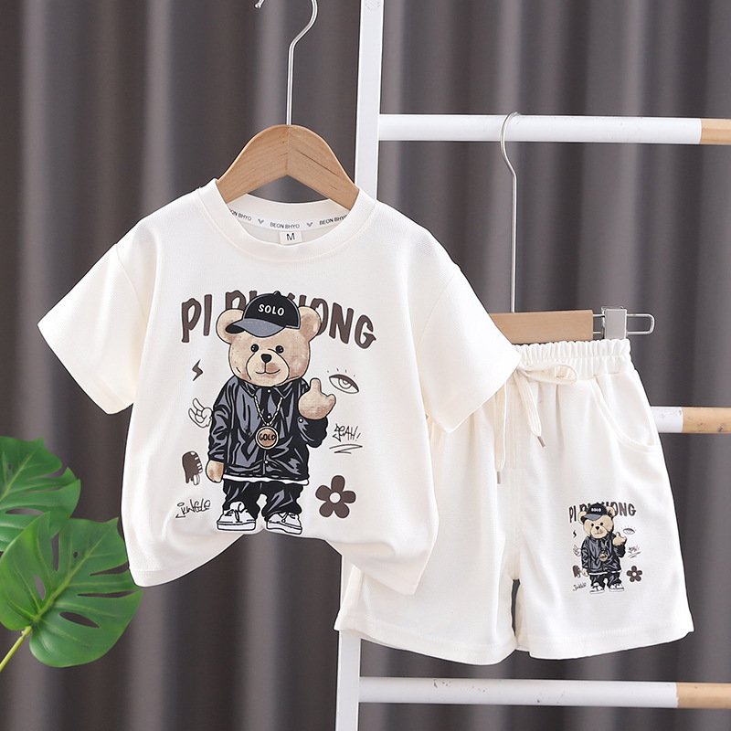 Mother & Kids Children's short-sleeved suit,handsome boy's summer suit boy's stylish summer two-piece set popular cartoon short-sleeved suit