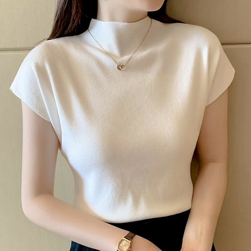 Women's summer new solid color simple short-sleeved knitted sweater top sleeveless half turtleneck short ice silk