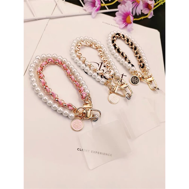 Korean Mobile Phone Leather Pearl Camellia Bracelet Chain For iPhone 14 13 12 Pro Max Samsung Flip 3 4 Anti-loss Hand Rope