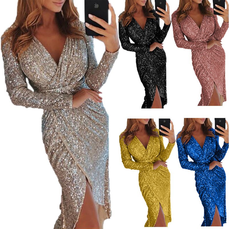 Women's Clothing Stamping Long-sleeved V-neck Sparkling Dress Dress Evening Sexy Dress