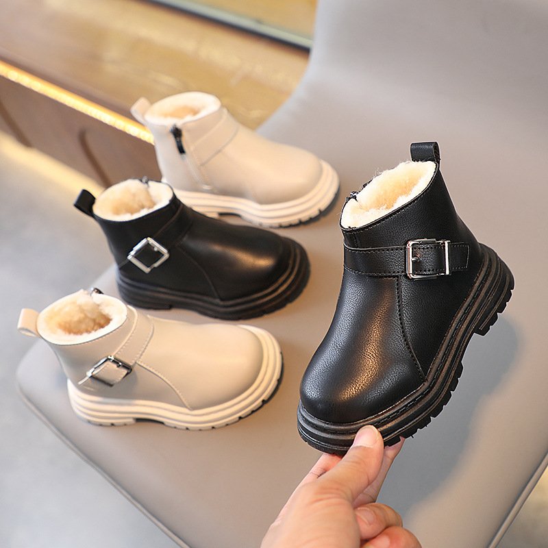 Kids' shoes winter velvet fashion British short boots boys' fashion boots girls soft sole warm cotton boots buckle