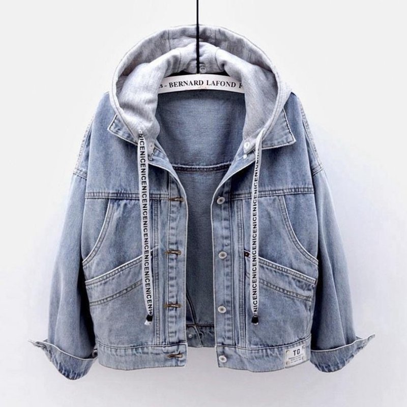Women's style hooded denim jacket women's short fashion large pocket jacket casual top