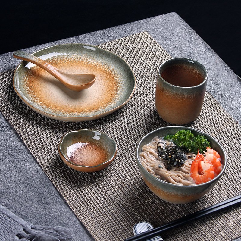 5-Piece Ceramic Dinnerware Set - Elegant Retro Bowls & Plates For Home, Restaurant & Hot Pot, Durable Stoneware Dish Set With Chopstick Rest