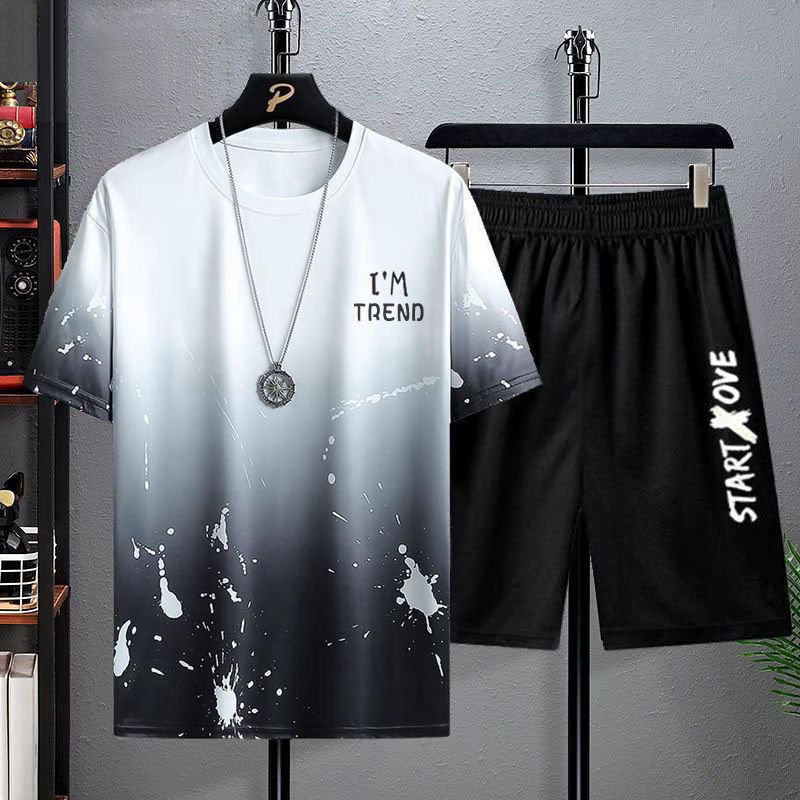 Men's Sports Casual Suit Ice Silk Thin Style Handsome Trendy Brand Trend Short-Sleeved Shorts Set Men's Clothing