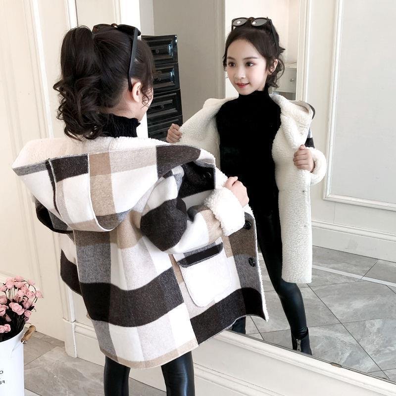 Kid's Clothing Girls' Coat Autumn And Winter Medium And Long Little Girl Plaid Thickened Lambskin Wool Coat Children's Woolen