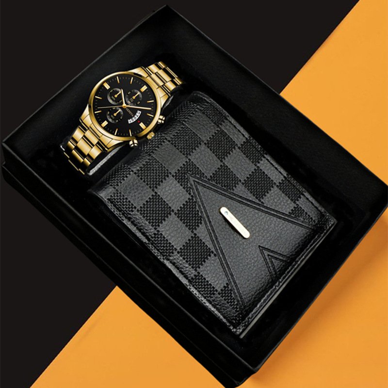 Classic Fashion Calendar Watch Trendy Sports Men's Steel Band Wristwatch Business Set