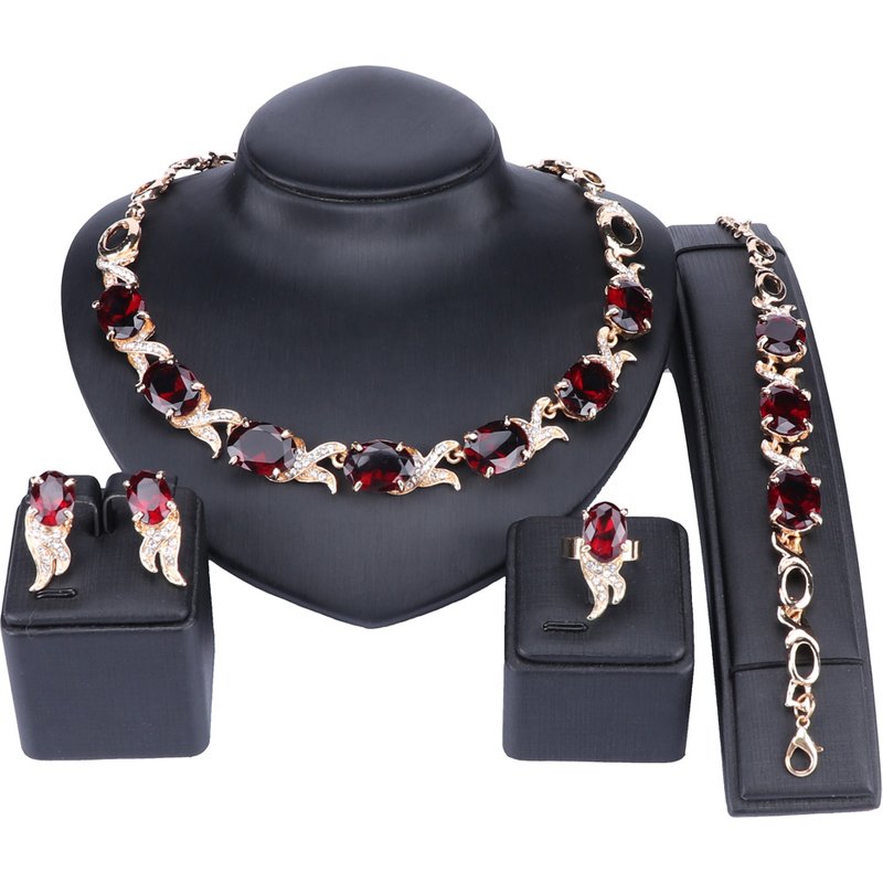 Wedding Red Crystal Trendy Necklace Jewelry Sets Party Women African Beads Bridal Necklace Earrings Accessories