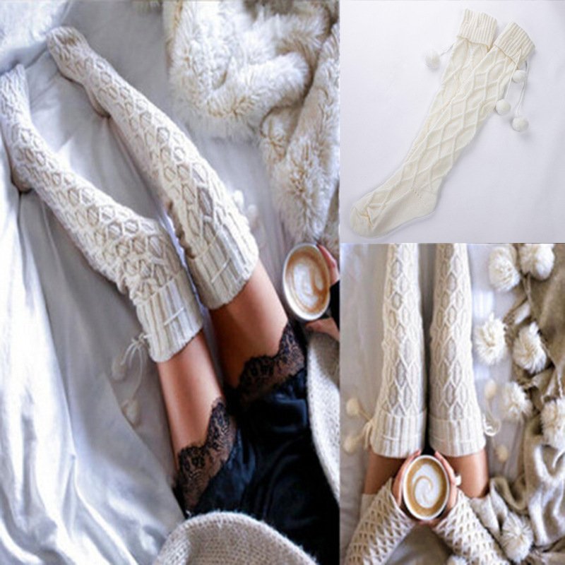 Women's socks popular knitted wool socks for women with wool balls mid-length knee-high pile socks white