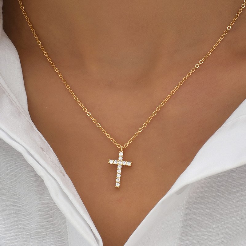 Hot Selling Fashion Copper inlaid zircon cross pendant, bone chain, female personality, light luxury, ins style, versatile accessory