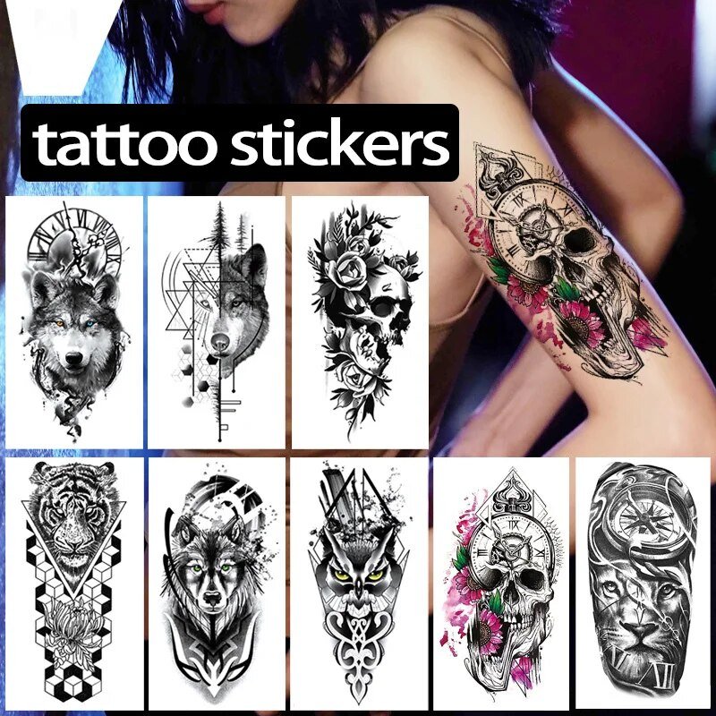 Small Full-Arm Waterproof Temporary Tattoo Sticker Wolf Head Tiger Head Flower Tattoo Body Art Sticker Arm Male Men Cool Women