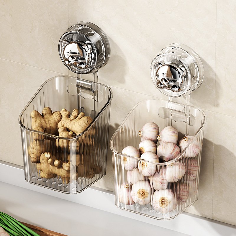 Suction Cup Onion, Ginger And Garlic Storage Box Kitchen Storage Basket Wall Mounted Punch Free Storage Rack Ginger Garlic Drain Storage Rack
