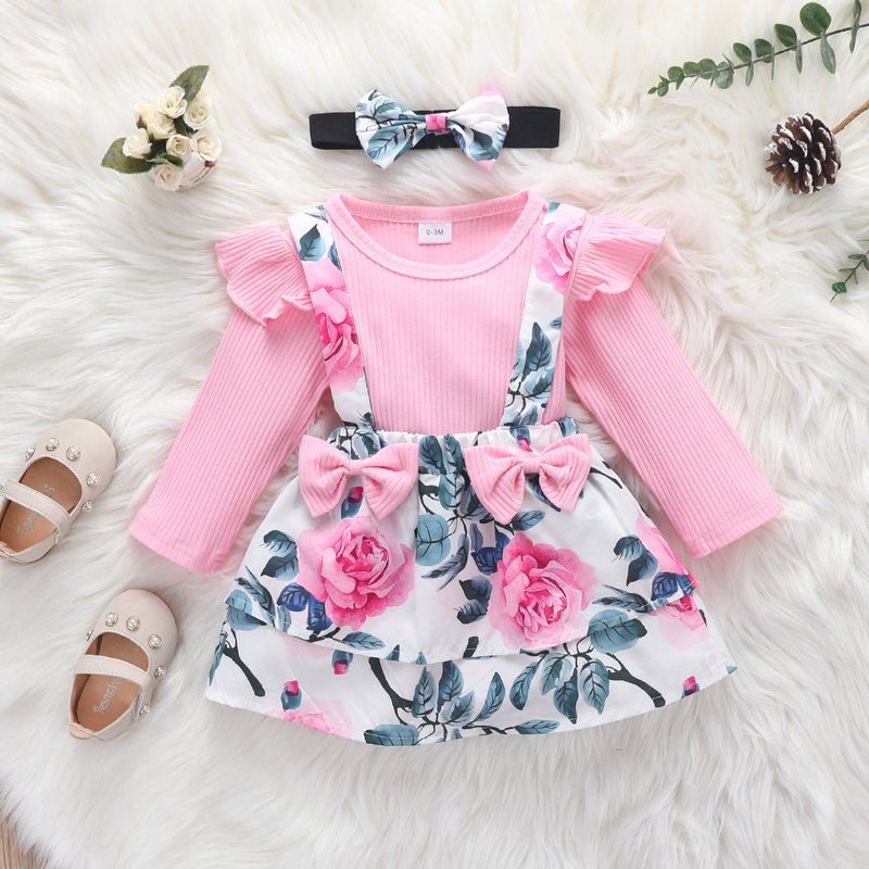 Babies' clothes children's clothing spring and autumn baby pit strip small flying sleeve triangle romper floral bow suspender skirt suit skirt