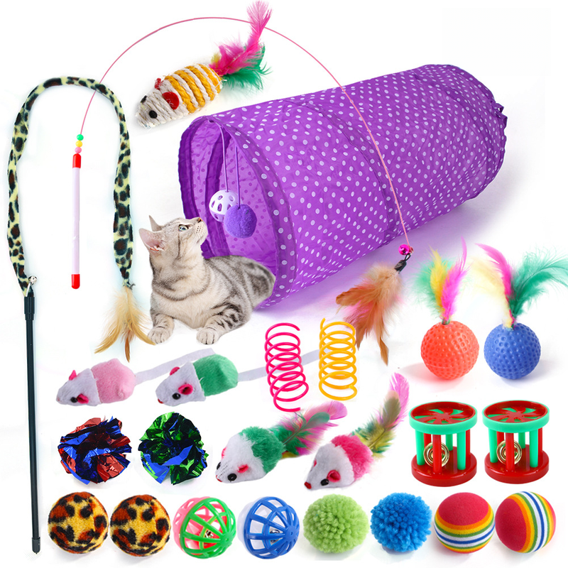 Pet Cat Toy Bell Ball Feather Teasing Cat Stick Plush Mouse Spring Cat Tunnel 24 Piece Set