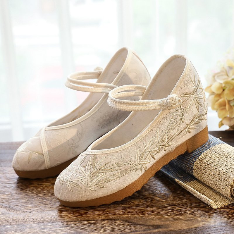 High Heels, Single Solid Color, Cow Tendon Sole, Bamboo Embroidery Flower Cloth Shoes, Women's Shoes