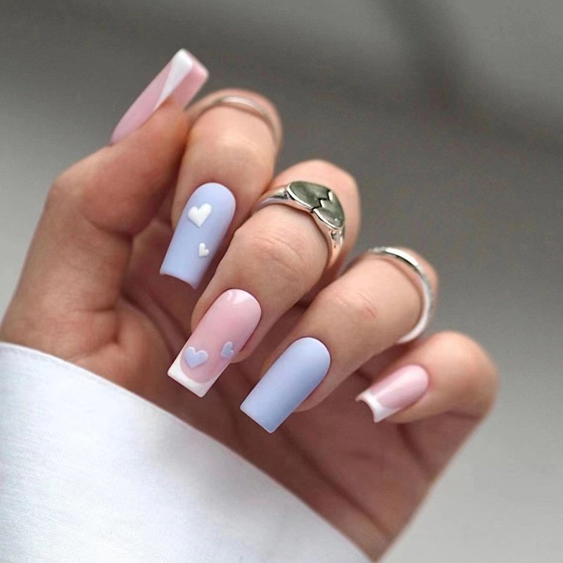 False Nails Simple Elegant Blue And White Love Nail Scrub Texture Nail Square Wear Nail