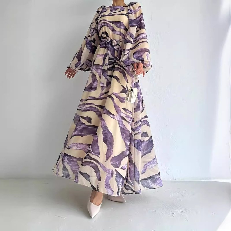 Women's Clothing New Chiffon Print Long Fashionable And Elegant Belted Dress
